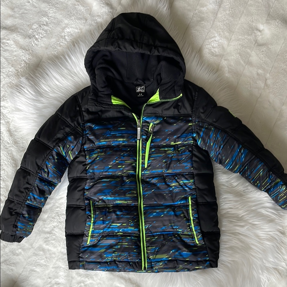 Boys Black and Blue Hooded Winter Jacket with Neon Accents, size 8